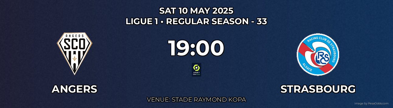 Angers vs Strasbourg Prediction match poster for Ligue 1 fixture on SAT 10 MAY 2025