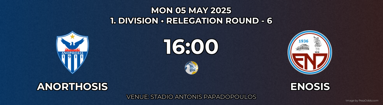Anorthosis vs Enosis Prediction match poster for 1. Division fixture on MON 05 MAY 2025