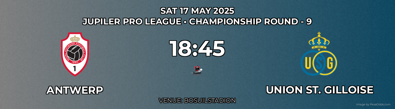 Antwerp vs Union St. Gilloise Prediction match poster for Jupiler Pro League fixture on SAT 17 MAY 2025