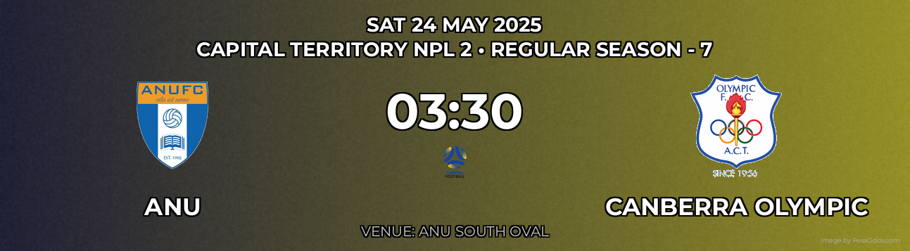ANU vs Canberra Olympic Prediction match poster for Capital Territory NPL 2 fixture on SAT 24 MAY 2025