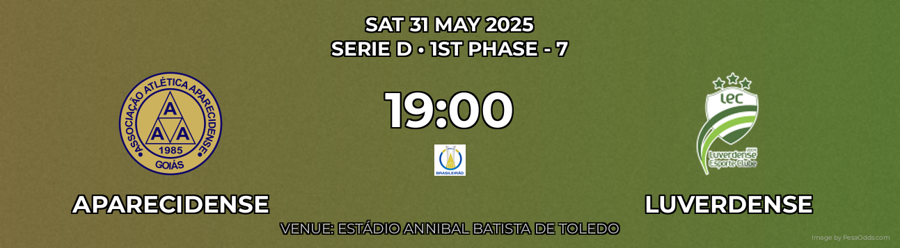 Aparecidense vs Luverdense Prediction match poster for Serie D fixture on SAT 31 MAY 2025