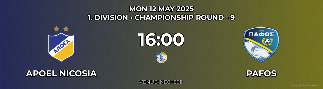 Apoel Nicosia vs Pafos Prediction match poster for 1. Division fixture on MON 12 MAY 2025