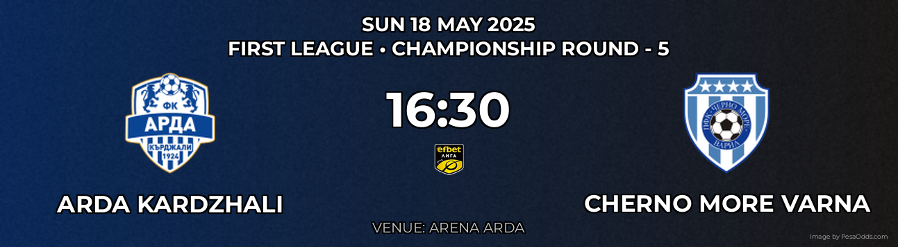 Arda Kardzhali vs Cherno More Varna Prediction match poster for First League fixture on SUN 18 MAY 2025