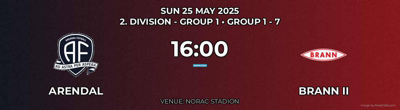 Arendal vs Brann II Prediction match poster for 2. Division - Group 1 fixture on SUN 25 MAY 2025