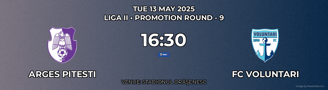 Arges Pitesti vs FC Voluntari Prediction match poster for Liga II fixture on TUE 13 MAY 2025