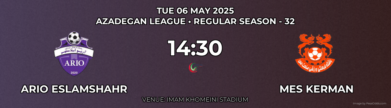 Ario Eslamshahr vs Mes Kerman Prediction match poster for Azadegan League fixture on TUE 06 MAY 2025