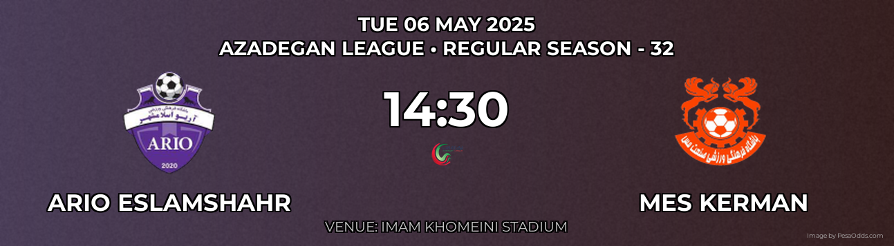 Ario Eslamshahr vs Mes Kerman Prediction match poster for Azadegan League fixture on TUE 06 MAY 2025