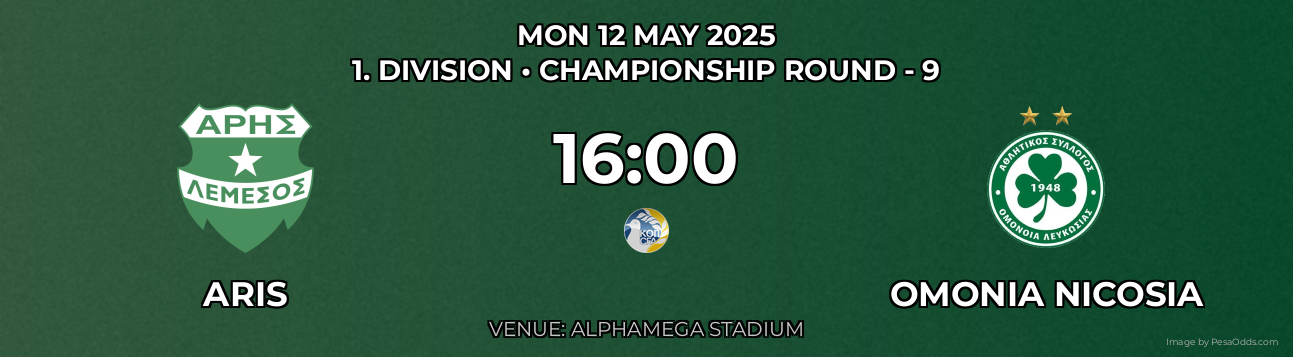 Aris vs Omonia Nicosia Prediction match poster for 1. Division fixture on MON 12 MAY 2025