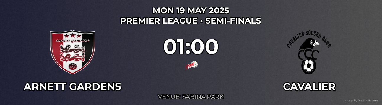 Arnett Gardens vs Cavalier Prediction match poster for Premier League fixture on MON 19 MAY 2025