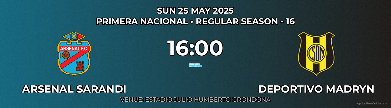 Arsenal Sarandi vs Deportivo Madryn Prediction match poster for Primera Nacional fixture on SUN 25 MAY 2025