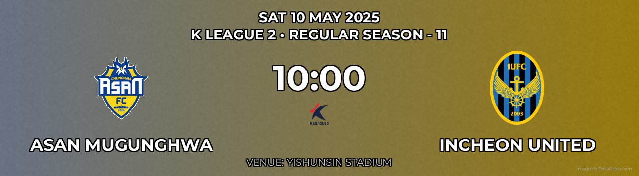 Asan Mugunghwa vs Incheon United Prediction match poster for K League 2 fixture on SAT 10 MAY 2025