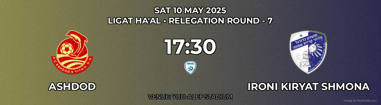 Ashdod vs Ironi Kiryat Shmona Prediction match poster for Ligat Ha'al fixture on SAT 10 MAY 2025
