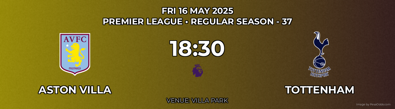 Aston Villa vs Tottenham Prediction match poster for Premier League fixture on FRI 16 MAY 2025