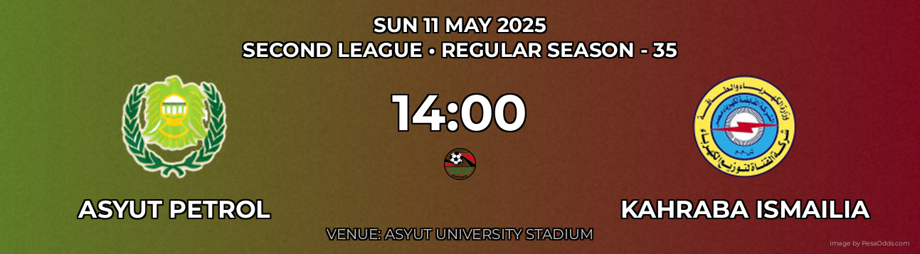 Asyut Petrol vs Kahraba Ismailia Prediction match poster for Second League fixture on SUN 11 MAY 2025