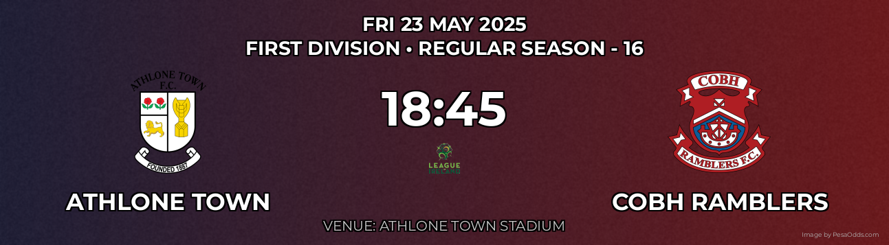 Athlone Town vs Cobh Ramblers Prediction match poster for First Division fixture on FRI 23 MAY 2025