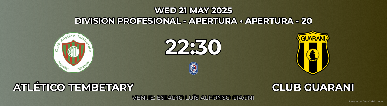 Atlético Tembetary vs Club Guarani Prediction match poster for Division Profesional - Apertura fixture on WED 21 MAY 2025