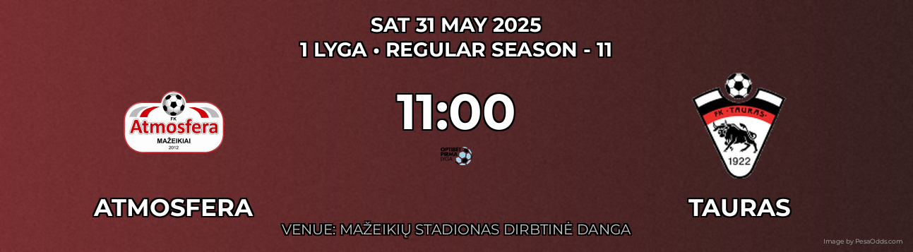 Atmosfera vs Tauras Prediction match poster for 1 Lyga fixture on SAT 31 MAY 2025