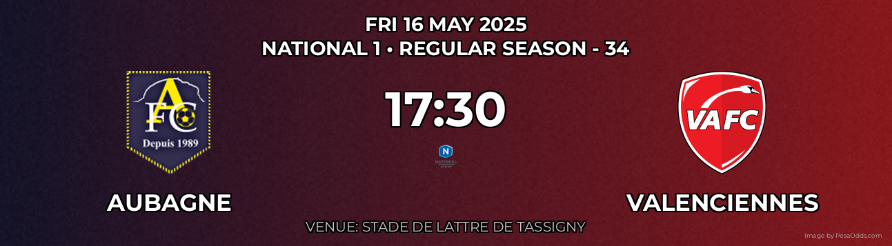 Aubagne vs Valenciennes Prediction match poster for National 1 fixture on FRI 16 MAY 2025