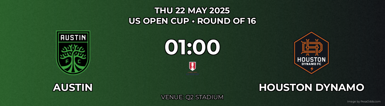 Austin vs Houston Dynamo Prediction match poster for US Open Cup fixture on THU 22 MAY 2025