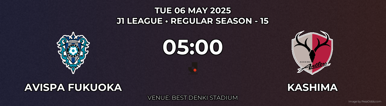 Avispa Fukuoka vs Kashima Prediction match poster for J1 League fixture on TUE 06 MAY 2025