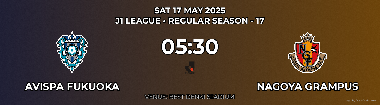 Avispa Fukuoka vs Nagoya Grampus Prediction match poster for J1 League fixture on SAT 17 MAY 2025