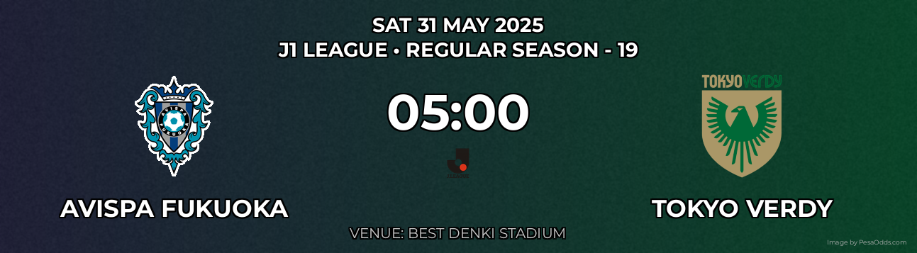 Avispa Fukuoka vs Tokyo Verdy Prediction match poster for J1 League fixture on SAT 31 MAY 2025
