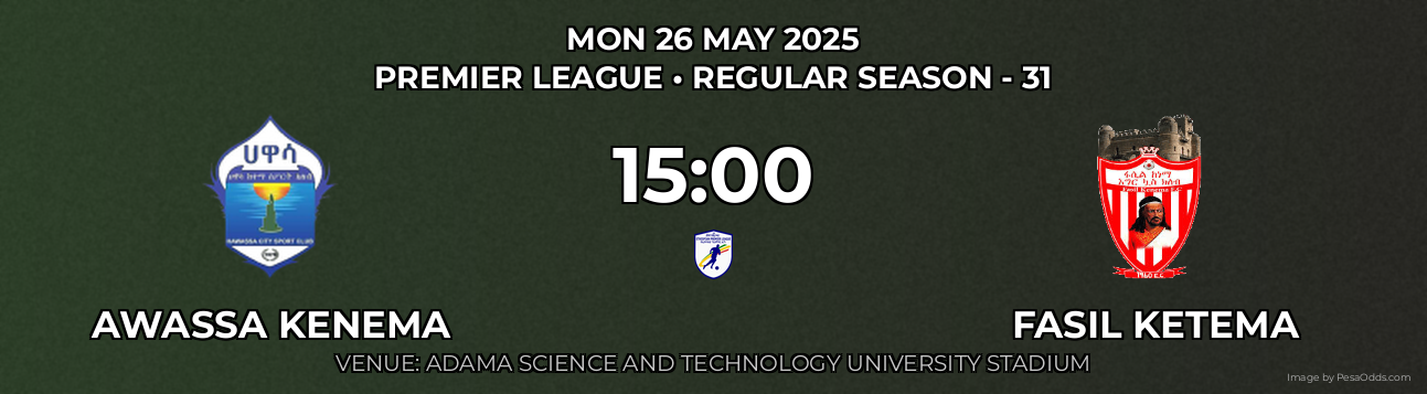 Awassa Kenema vs Fasil Ketema Prediction match poster for Premier League fixture on MON 26 MAY 2025