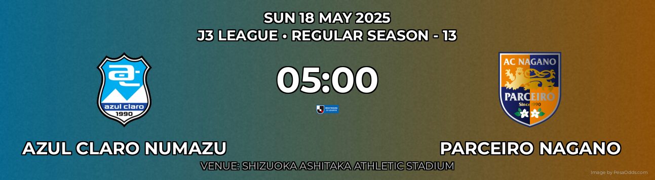 Azul Claro Numazu vs Parceiro Nagano Prediction match poster for J3 League fixture on SUN 18 MAY 2025