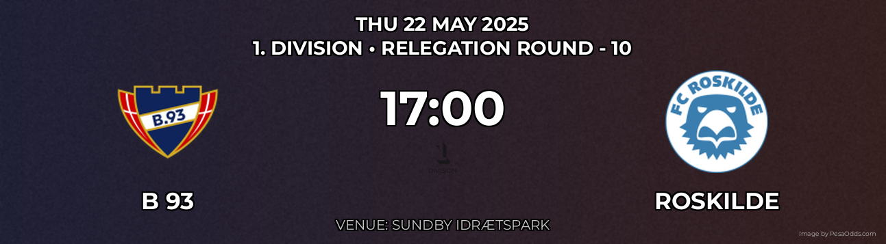 B 93 vs Roskilde Prediction match poster for 1. Division fixture on THU 22 MAY 2025