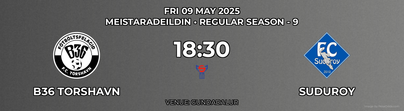 B36 Torshavn vs Suduroy Prediction match poster for Meistaradeildin fixture on FRI 09 MAY 2025