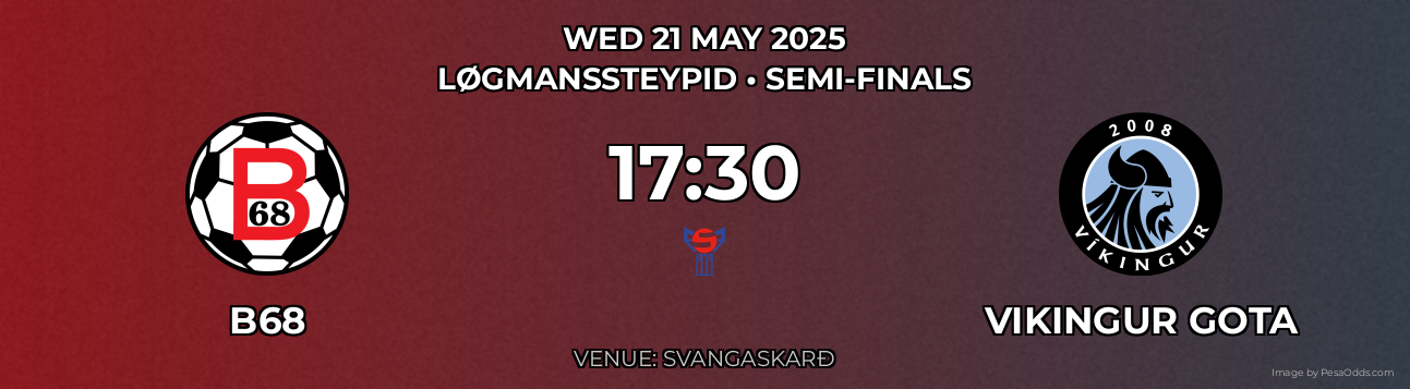 B68 vs Vikingur Gota Prediction match poster for Løgmanssteypid fixture on WED 21 MAY 2025