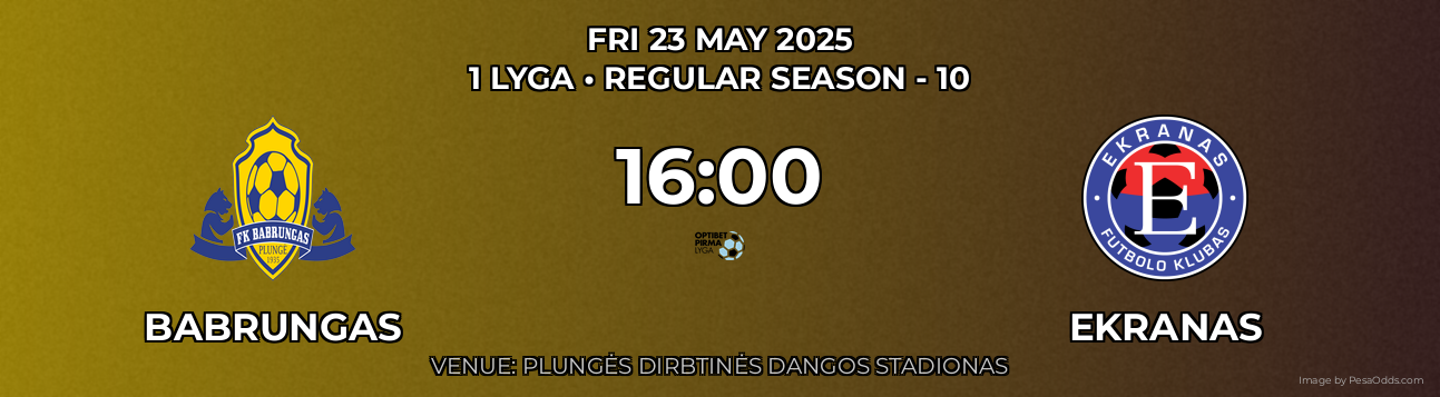 Babrungas vs Ekranas Prediction match poster for 1 Lyga fixture on FRI 23 MAY 2025
