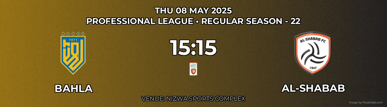 Bahla vs Al-Shabab Prediction match poster for Professional League fixture on THU 08 MAY 2025
