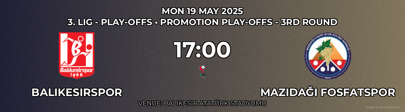 Balıkesirspor vs Mazıdağı Fosfatspor Prediction match poster for 3. Lig - Play-offs fixture on MON 19 MAY 2025