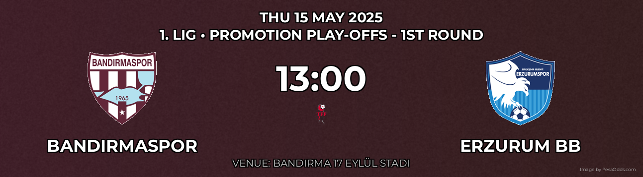 Bandırmaspor vs Erzurum BB Prediction match poster for 1. Lig fixture on THU 15 MAY 2025