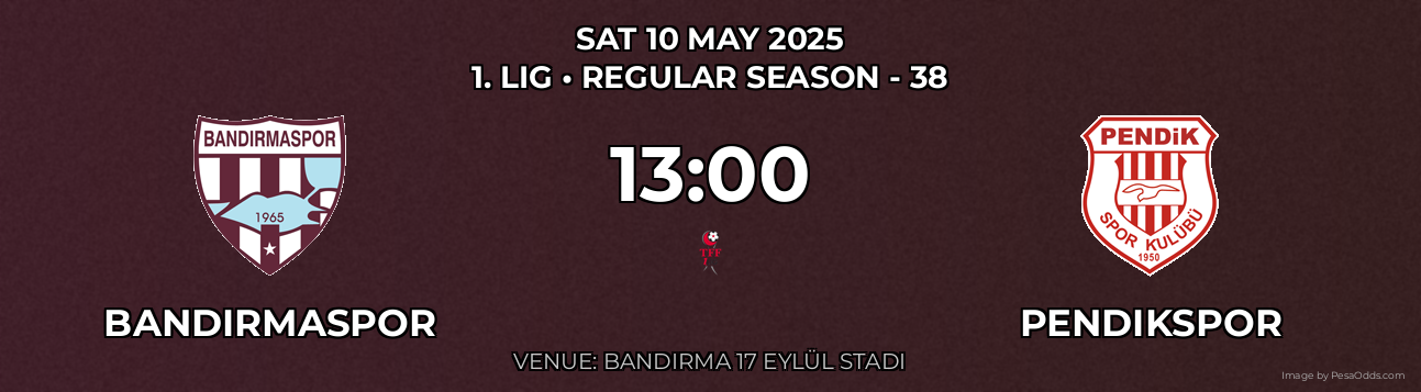 Bandırmaspor vs Pendikspor Prediction match poster for 1. Lig fixture on SAT 10 MAY 2025