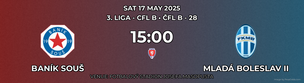 Baník Souš vs Mladá Boleslav II Prediction match poster for 3. liga - CFL B fixture on SAT 17 MAY 2025