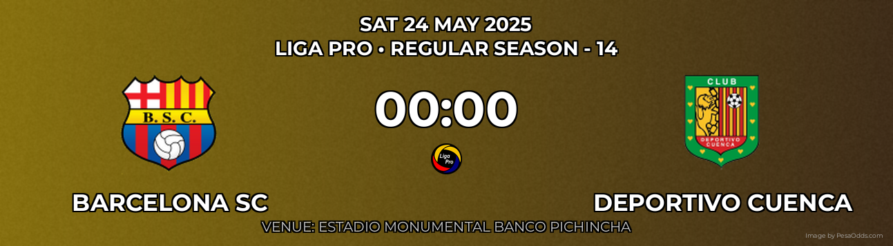 Barcelona SC vs Deportivo Cuenca Prediction match poster for Liga Pro fixture on SAT 24 MAY 2025