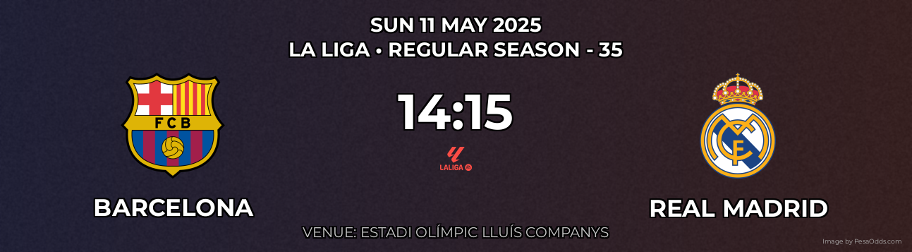 Barcelona vs Real Madrid Prediction match poster for La Liga fixture on SUN 11 MAY 2025