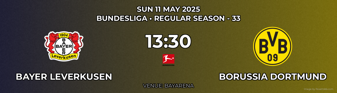 Bayer Leverkusen vs Borussia Dortmund Prediction match poster for Bundesliga fixture on SUN 11 MAY 2025