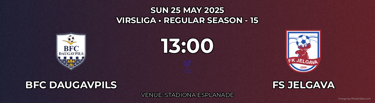 BFC Daugavpils vs FS Jelgava Prediction match poster for Virsliga fixture on SUN 25 MAY 2025