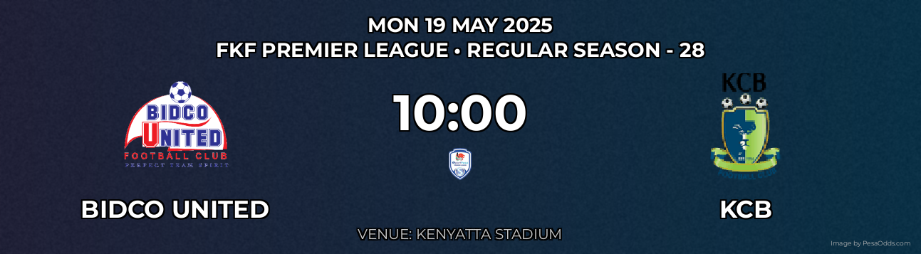 Bidco United vs KCB Prediction match poster for FKF Premier League fixture on MON 19 MAY 2025