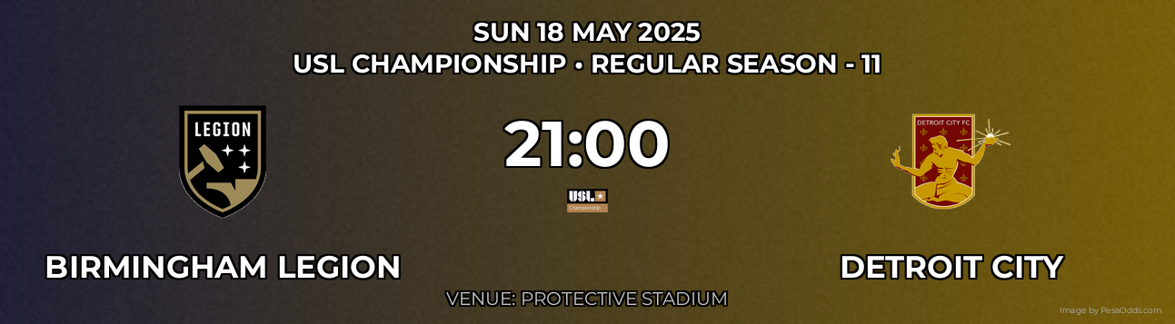 Birmingham Legion vs Detroit City Prediction match poster for USL Championship fixture on SUN 18 MAY 2025