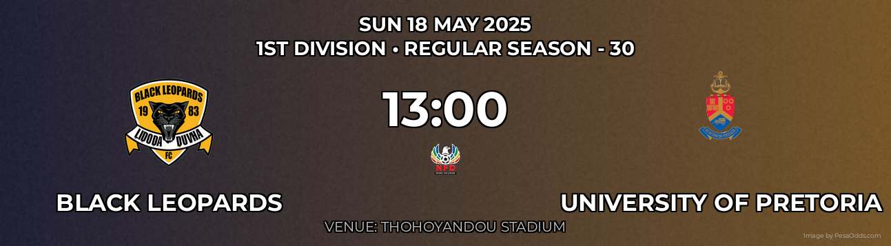 Black Leopards vs University of Pretoria Prediction match poster for 1st Division fixture on SUN 18 MAY 2025