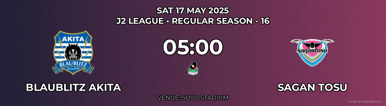 Blaublitz Akita vs Sagan Tosu Prediction match poster for J2 League fixture on SAT 17 MAY 2025