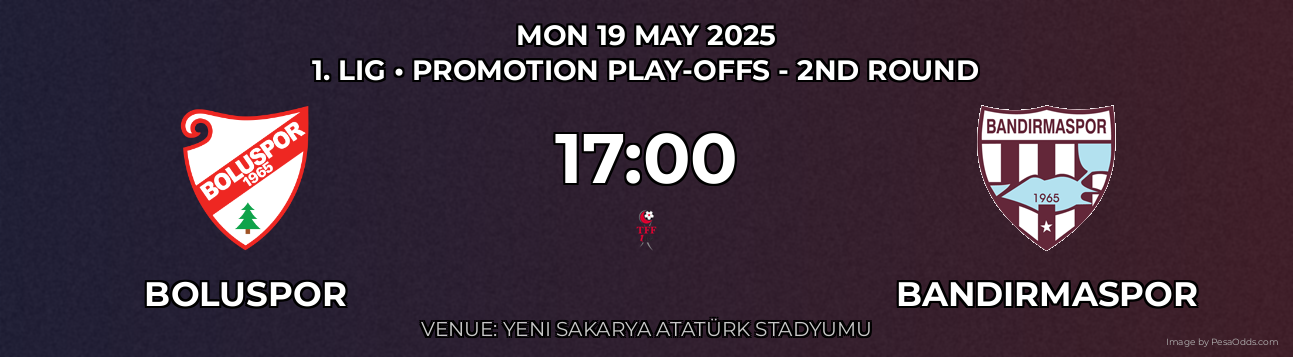 Boluspor vs Bandırmaspor Prediction match poster for 1. Lig fixture on MON 19 MAY 2025
