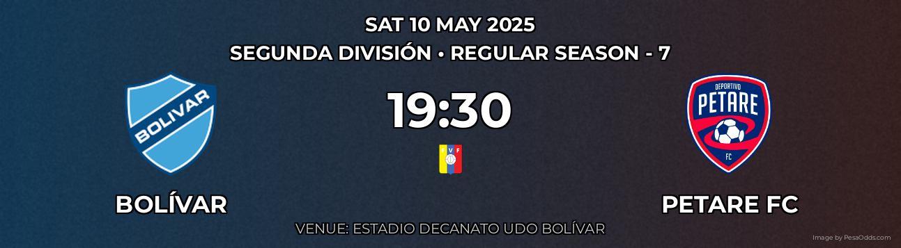 Bolívar vs Petare FC Prediction match poster for Segunda División fixture on SAT 10 MAY 2025