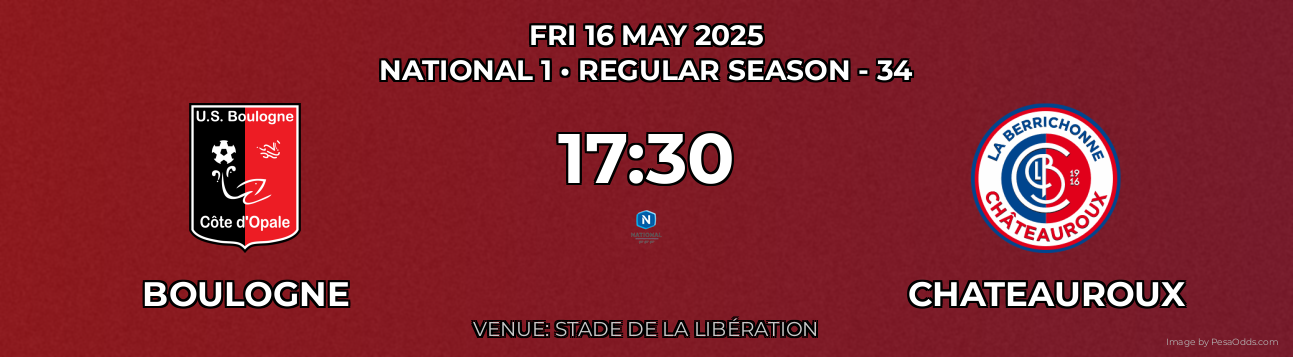 Boulogne vs Chateauroux Prediction match poster for National 1 fixture on FRI 16 MAY 2025