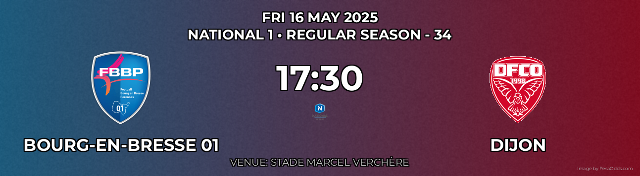 Bourg-en-bresse 01 vs Dijon Prediction match poster for National 1 fixture on FRI 16 MAY 2025