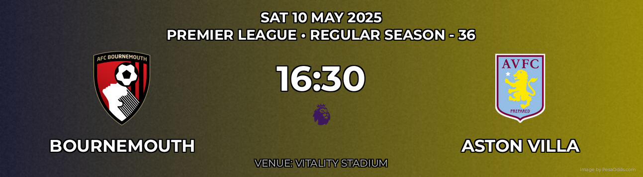 Bournemouth vs Aston Villa Prediction match poster for Premier League fixture on SAT 10 MAY 2025